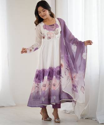  printed organza silk blend flared anarkali pant and dupatta set 1