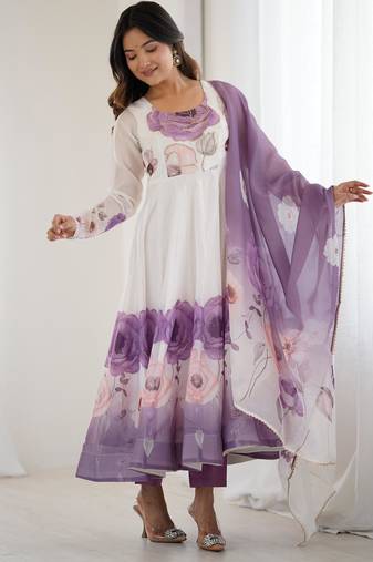  printed organza silk blend flared anarkali pant and dupatta set