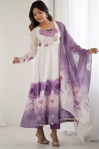  printed organza silk blend flared anarkali pant and dupatta set