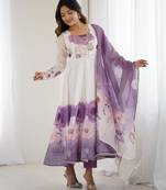 printed organza silk blend flared anarkali pant and dupatta set
