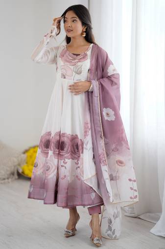  printed organza silk blend flared anarkali pant and dupatta set