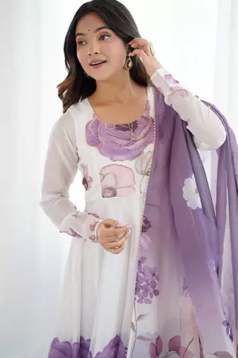  printed organza silk blend flared anarkali pant and dupatta set