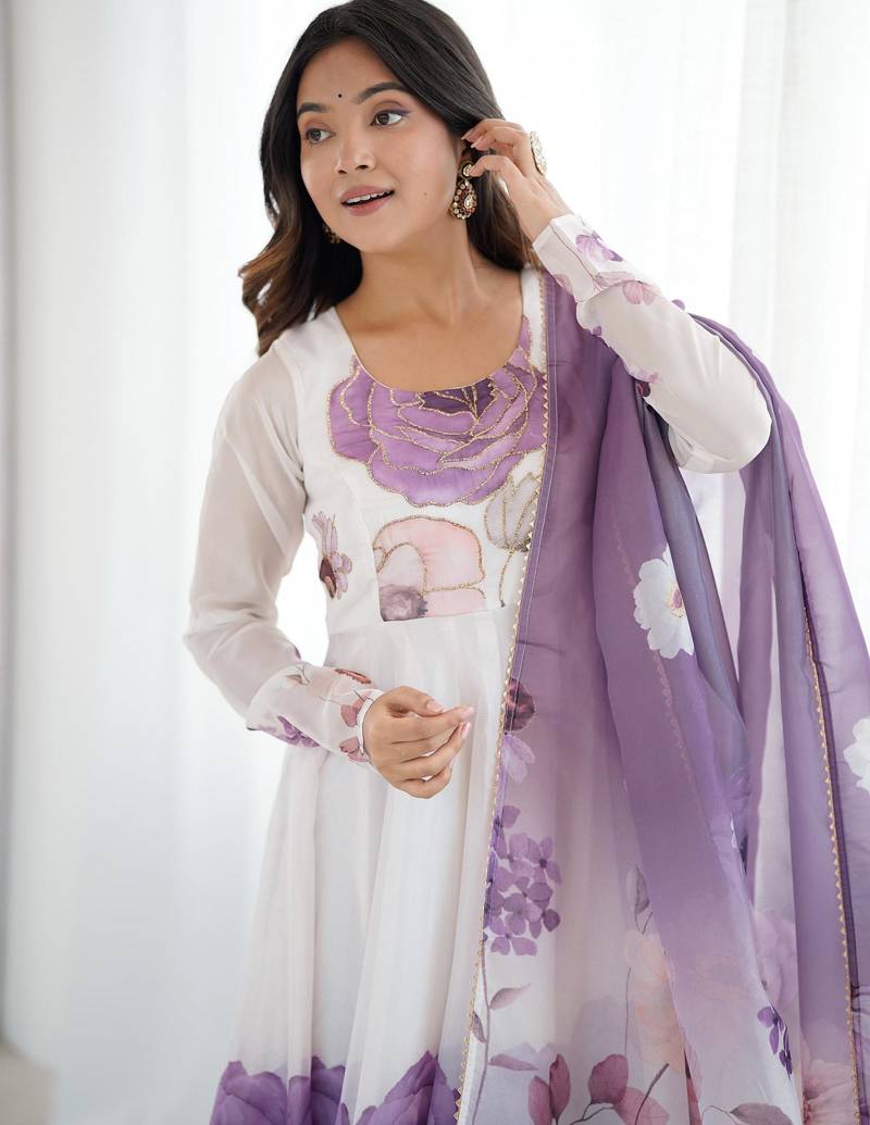  printed organza silk blend flared anarkali pant and dupatta set