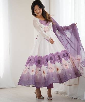  printed organza silk blend flared anarkali pant and dupatta set 4