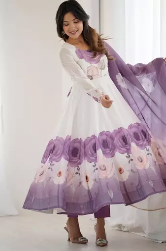  printed organza silk blend flared anarkali pant and dupatta set