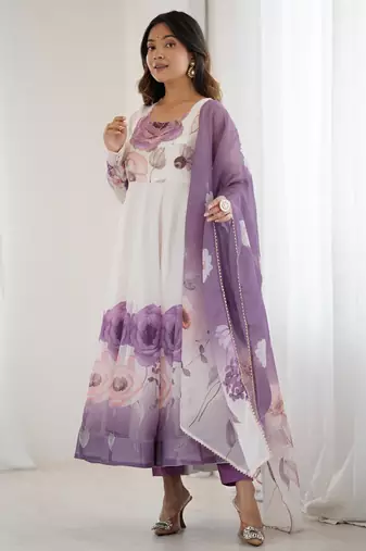  printed organza silk blend flared anarkali pant and dupatta set