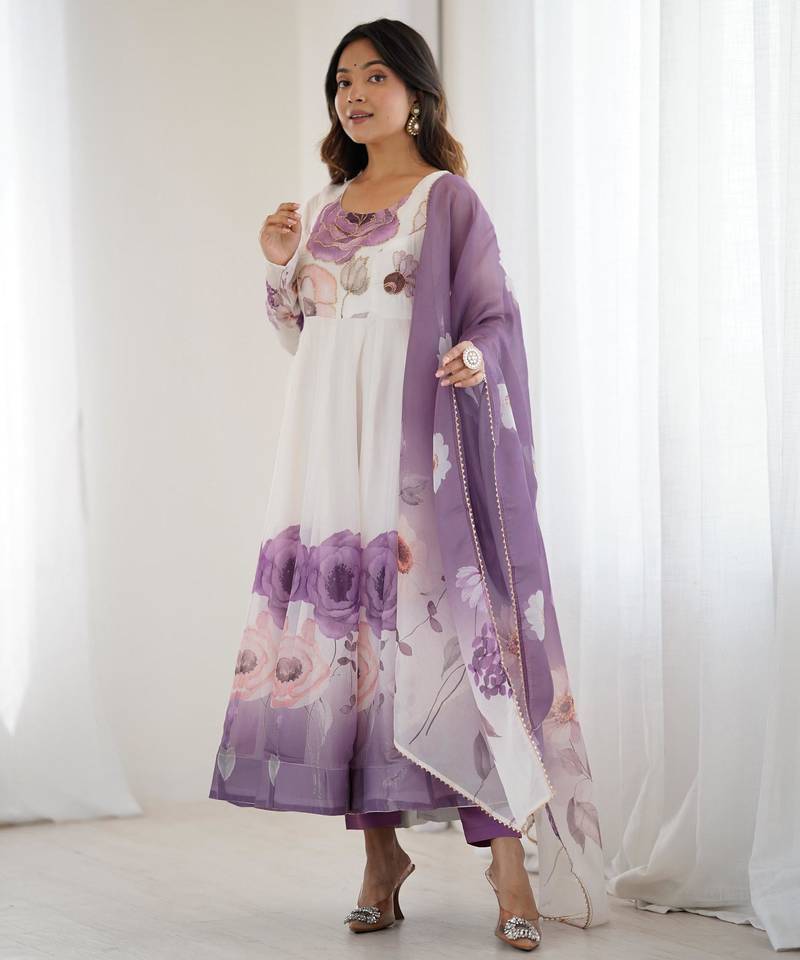  printed organza silk blend flared anarkali pant and dupatta set
