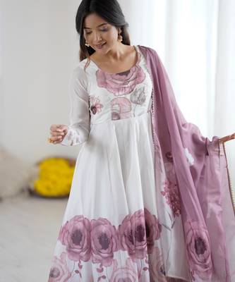  printed organza silk blend flared anarkali pant and dupatta set 2