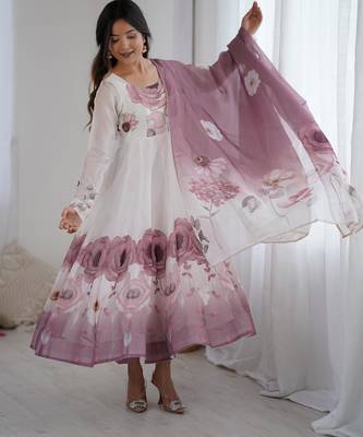  printed organza silk blend flared anarkali pant and dupatta set 4
