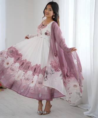  printed organza silk blend flared anarkali pant and dupatta set 5