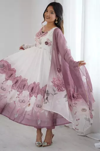  printed organza silk blend flared anarkali pant and dupatta set