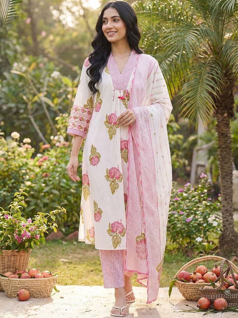 Women Floral Printed Cotton Kurta with Trousers & With Dupatta