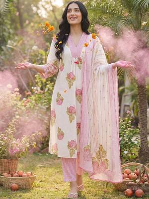 Women Floral Printed Cotton Kurta with Trousers & With Dupatta 4
