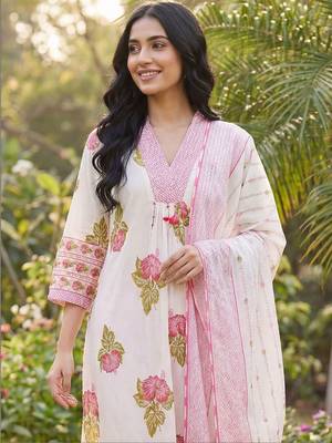 Women Floral Printed Cotton Kurta with Trousers & With Dupatta 6