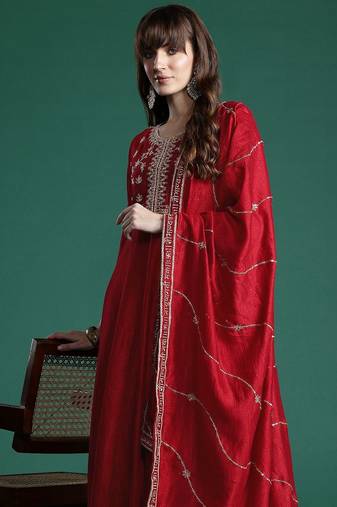 Ethnic Motifs Zari Embroidered Kurta With Trousers & Dupatta