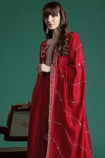 Ethnic Motifs Zari Embroidered Kurta With Trousers & Dupatta