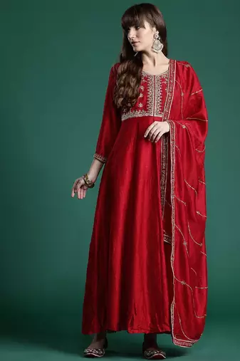 Ethnic Motifs Zari Embroidered Kurta With Trousers & Dupatta