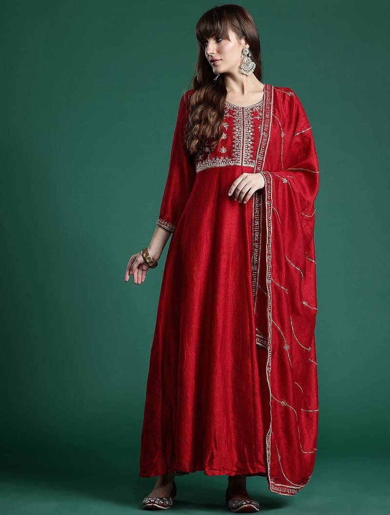 Ethnic Motifs Zari Embroidered Kurta With Trousers & Dupatta