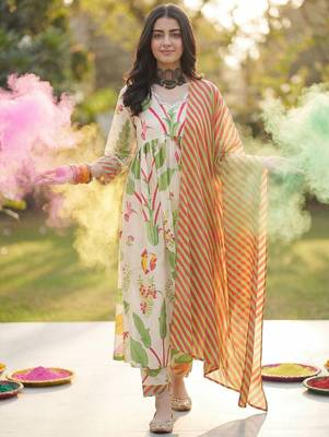 Women Floral Printed Empire Cotton Kurta with Trousers & With Dupatta 1