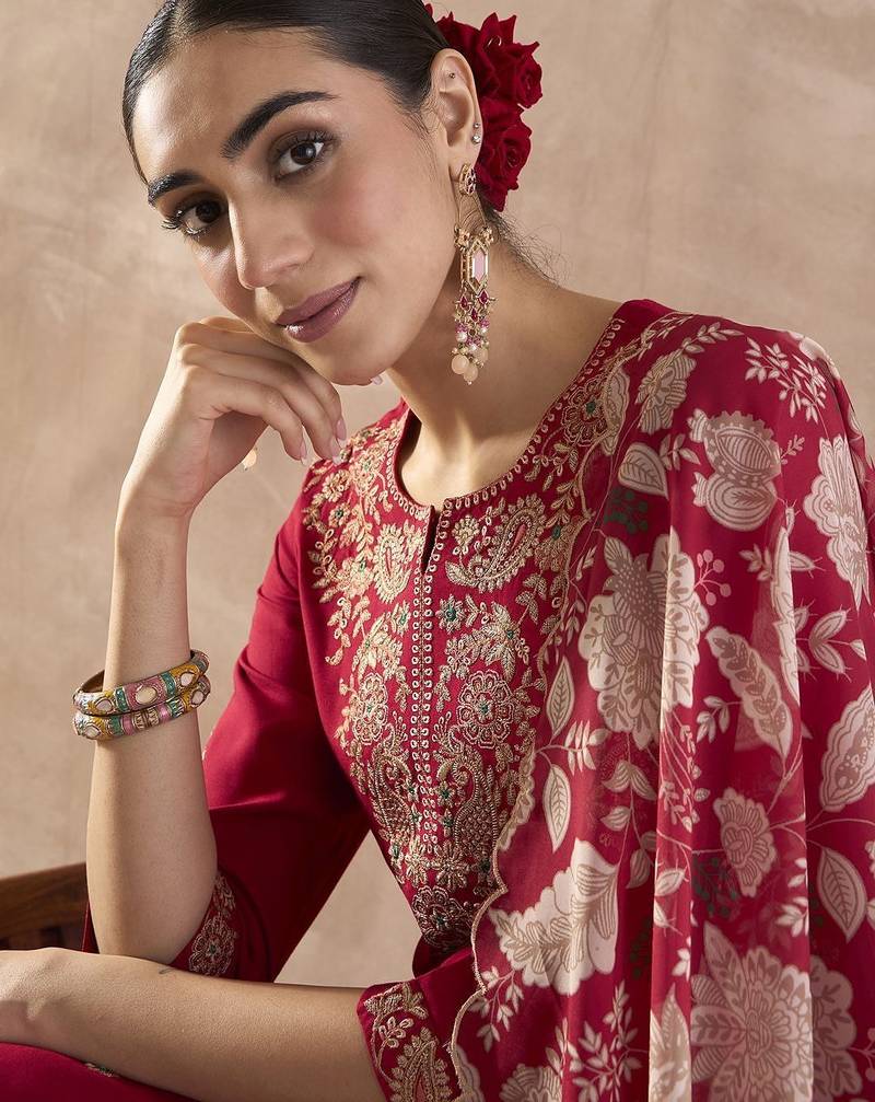 Ethnic Motifs Embroidered Notch Neck Thread Work Kurta With Trousers & Dupatta