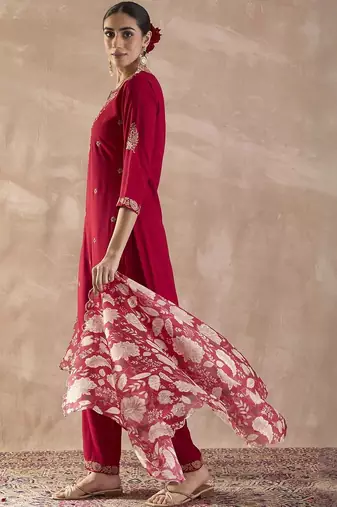 Ethnic Motifs Embroidered Notch Neck Thread Work Kurta With Trousers & Dupatta