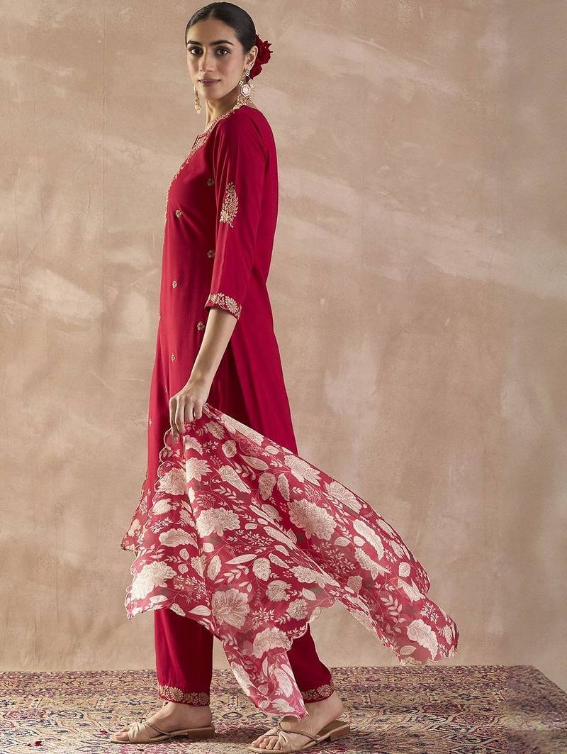 Ethnic Motifs Embroidered Notch Neck Thread Work Kurta With Trousers & Dupatta