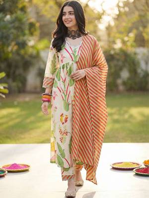 Women Floral Printed Empire Cotton Kurta with Trousers & With Dupatta 1