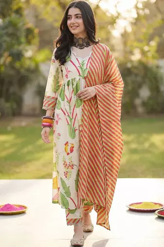 Women Floral Printed Empire Cotton Kurta with Trousers & With Dupatta