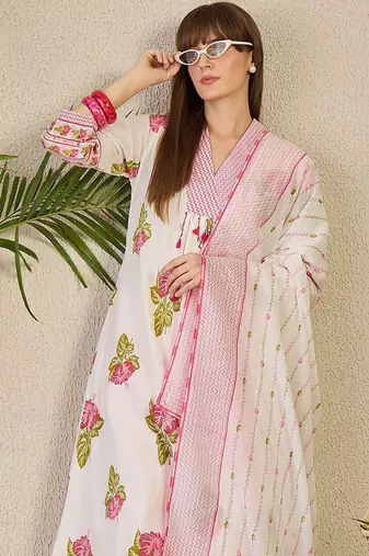 Floral Printed Cotton Kurta With Trousers & Dupatta