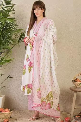 Floral Printed Cotton Kurta With Trousers & Dupatta