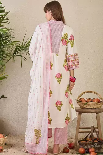 Floral Printed Cotton Kurta With Trousers & Dupatta