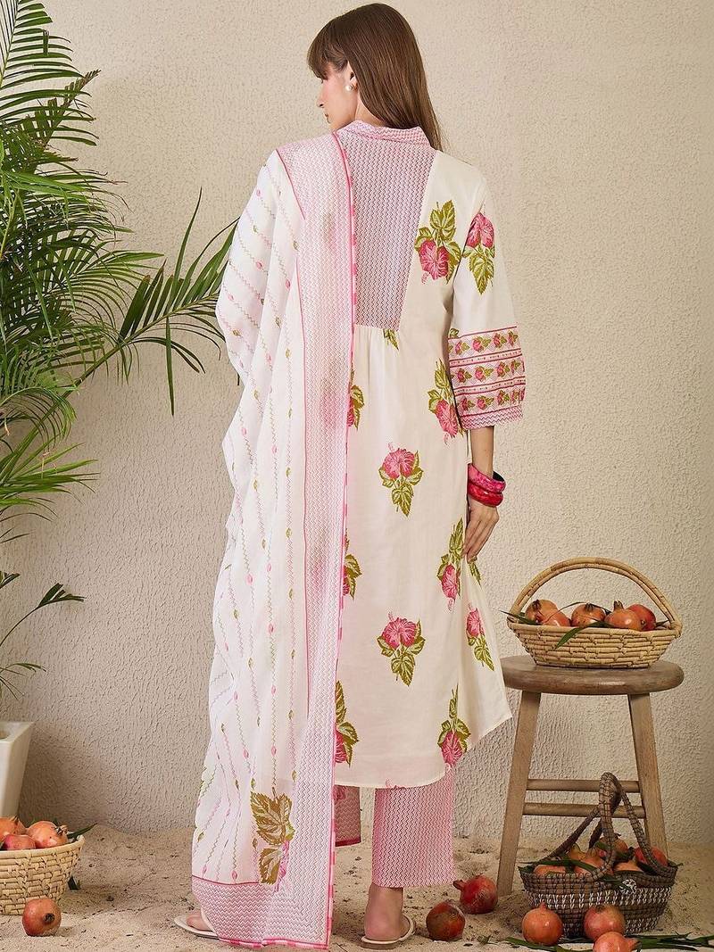 Floral Printed Cotton Kurta With Trousers & Dupatta