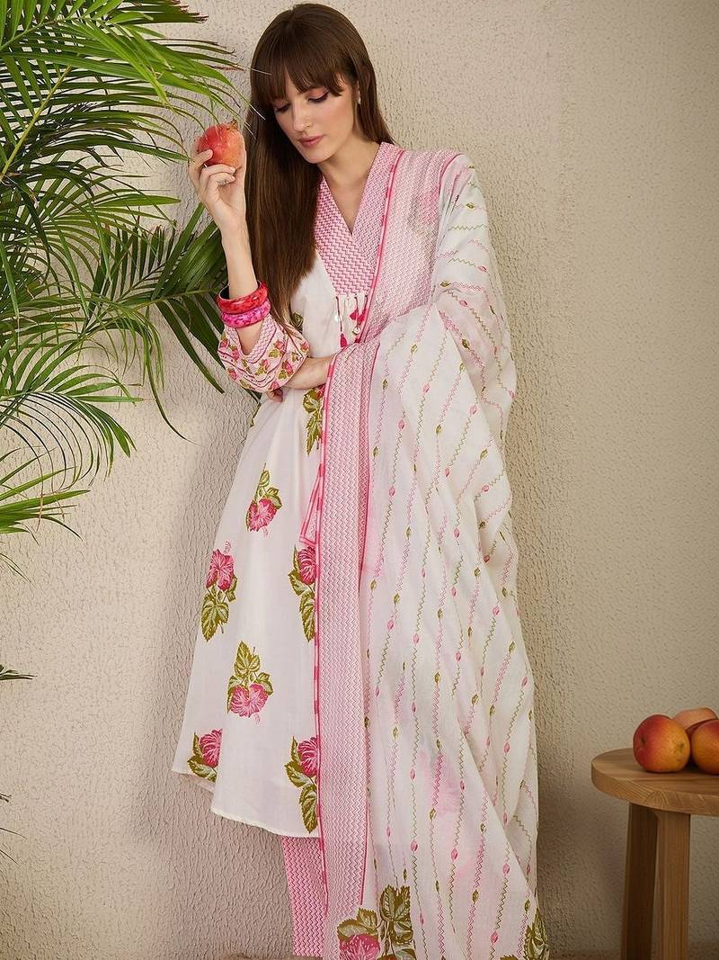 Floral Printed Cotton Kurta With Trousers & Dupatta