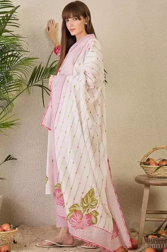 Floral Printed Cotton Kurta With Trousers & Dupatta