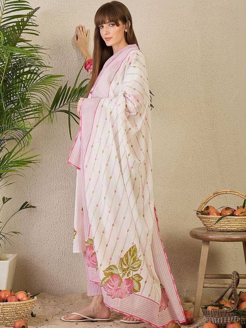 Floral Printed Cotton Kurta With Trousers & Dupatta