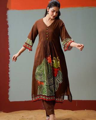Brown Printed A-line Kurta Trousers Set 1