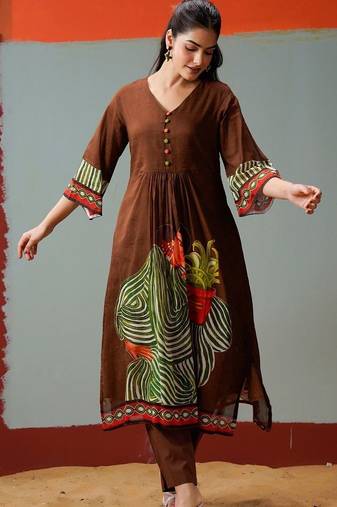 Brown Printed A-line Kurta Trousers Set
