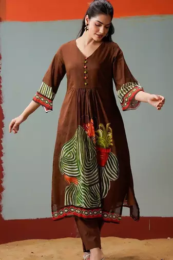 Brown Printed A-line Kurta Trousers Set