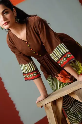 Brown Printed A-line Kurta Trousers Set