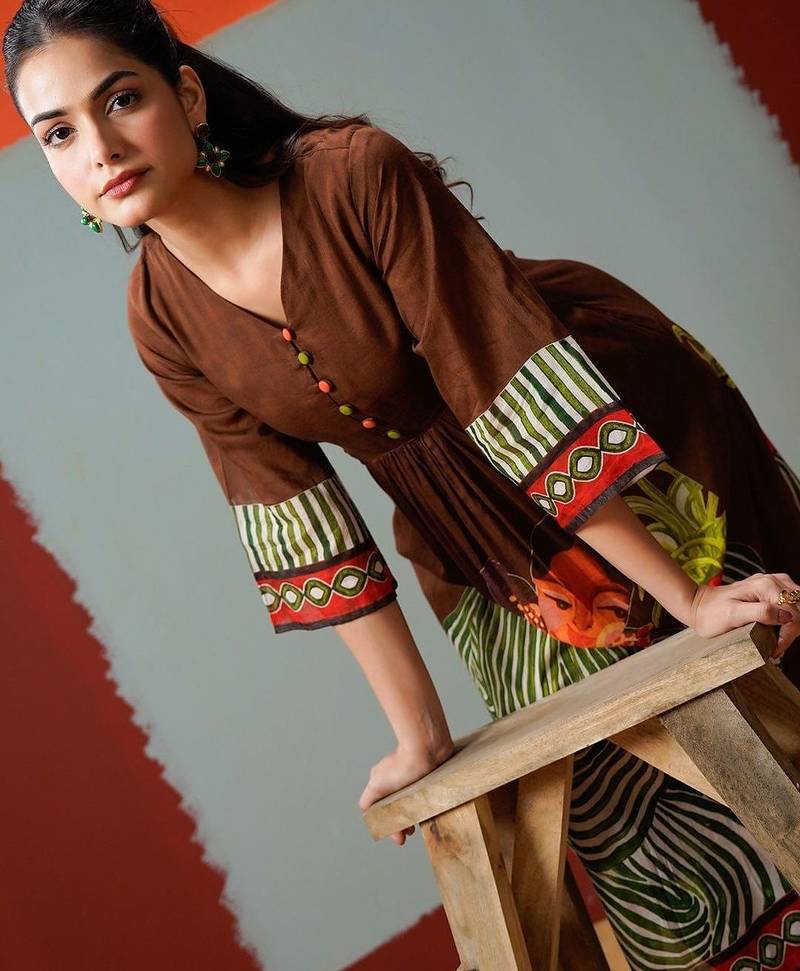 Brown Printed A-line Kurta Trousers Set