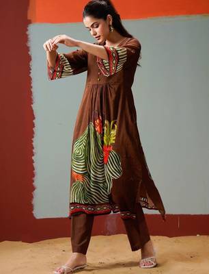 Brown Printed A-line Kurta Trousers Set 6