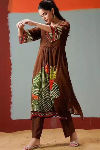 Brown Printed A-line Kurta Trousers Set