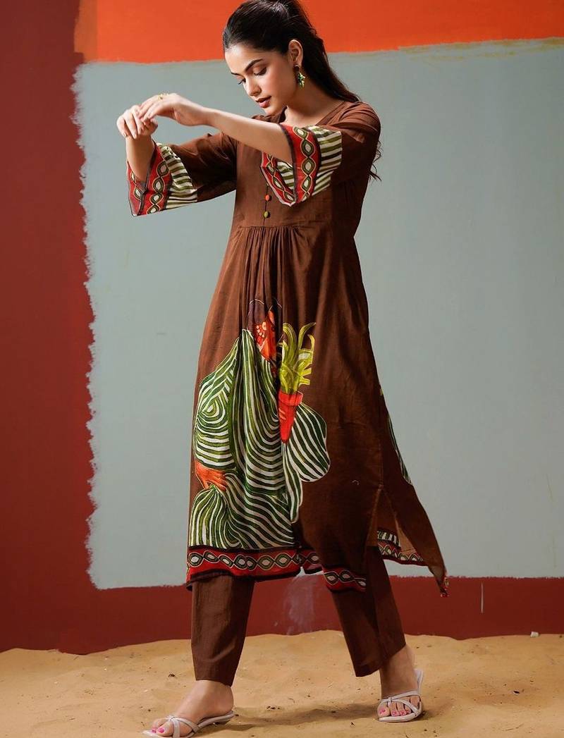 Brown Printed A-line Kurta Trousers Set