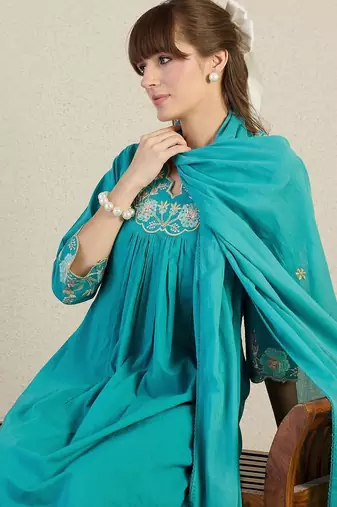 Women Embroidered Beads & Stones Cotton Kurta with Trousers & Dupatta