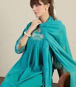 Women Embroidered Beads & Stones Cotton Kurta with Trousers & Dupatta