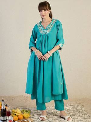 Women Embroidered Beads & Stones Cotton Kurta with Trousers & Dupatta 2