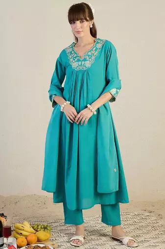 Women Embroidered Beads & Stones Cotton Kurta with Trousers & Dupatta