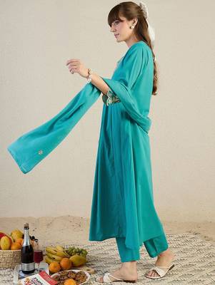 Women Embroidered Beads & Stones Cotton Kurta with Trousers & Dupatta 3