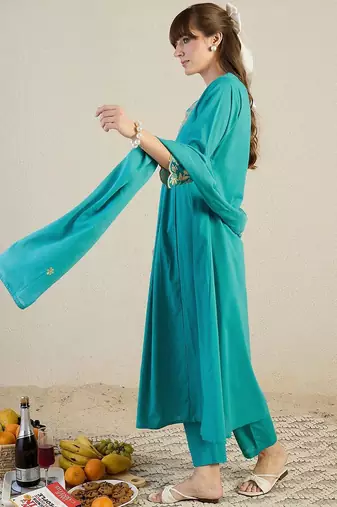 Women Embroidered Beads & Stones Cotton Kurta with Trousers & Dupatta