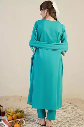 Women Embroidered Beads & Stones Cotton Kurta with Trousers & Dupatta